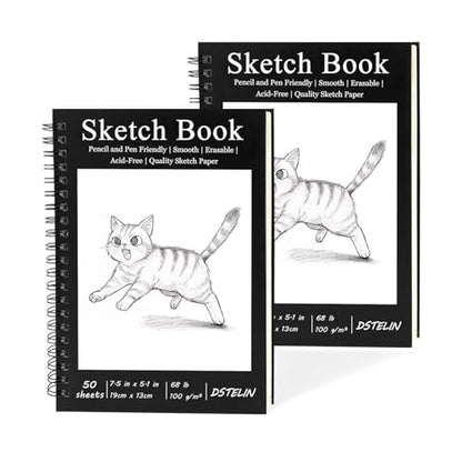 DSTELIN 2 Pack Spiral Bound Sketchbooks (100 GSM Sketch Paper), 50 Sheets per Pack, 7.5" x 5.1" Sketchbook with Black Hard Cover for Painting, Drawing and Sketching