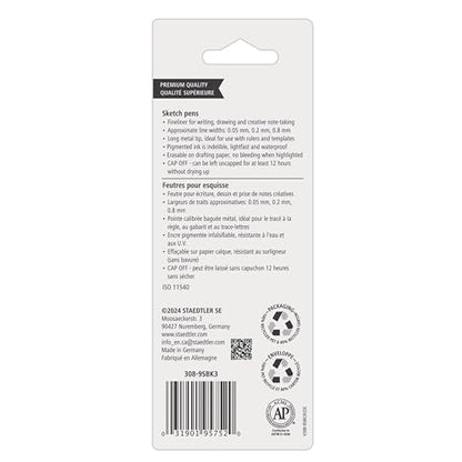 Staedtler Pigment Liner Pack, Black, 3 Pens, Assorted Line Widths 0.05mm/0.2mm/0.8mm, 308-9SBK3