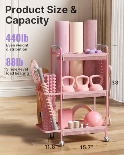 YOTTOY 3-Tier Gym Storage Rack for Home Gym–Multi-Functional Weight Rack, Dumbbell Rack, Yoga Mat Holder with Side Basket & 6 Hooks, Gym Equipment Organizer - color: Pink