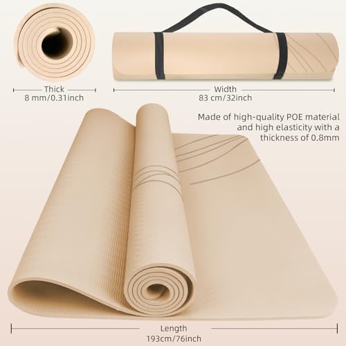 Large Yoga Mat Thick, 76"x32"x0.31"Wide POE Exercise Mat with Non-Slip Surface & Carry Strap, Anti-Tear Workout Mat for Yoga, Pilates, Fitness - color: Coffee Cream