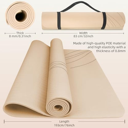 Large Yoga Mat Thick, 76"x32"x0.31"Wide POE Exercise Mat with Non-Slip Surface & Carry Strap, Anti-Tear Workout Mat for Yoga, Pilates, Fitness - color: Coffee Cream