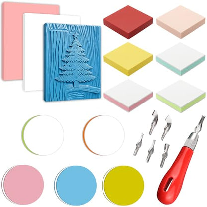21Pcs Linocut Kit for Printmaking, 14Pcs Rubber Block Stamp Carving Blocks and Linoleum Carving Tools for DIY Crafts & Art Projects