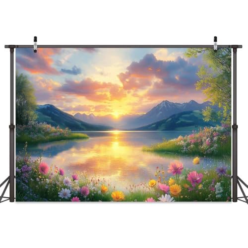 5X3ft Lake Natural Scenery Backdrop Spring Natural Scenery Landscape Mountain Forest Trees Flower Blue Sky Photography Background Picnic Camping Hiking Spring Travel Vacation Backdrop - color: Orange, size: 5x3FT