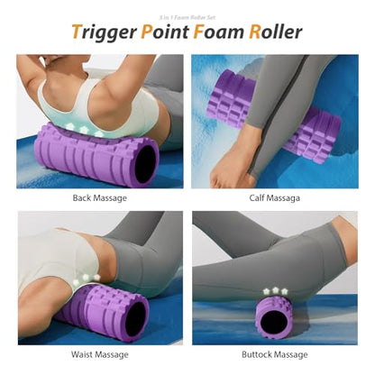 SUBCULTUREPICK 5 in 1 Foam Roller Set for Deep Tissue Muscle Massage | High Density Trigger Point Fitness Patented Exercise Roller, Muscle Stick, Massage Ball, Stretching Strap, for Whole Body - color: Purple