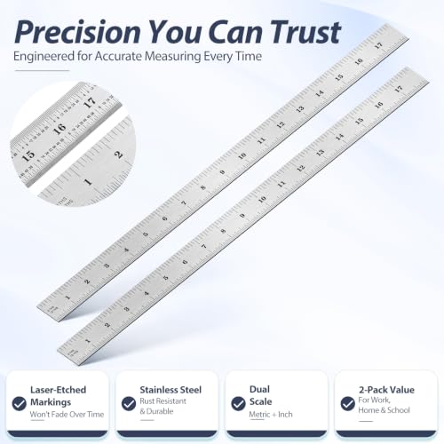 EBOOT 2 Pcs Stainless Steel Ruler Machinist Engineer Ruler with Markings 1/8, 1/16, 1/32, 1/64 Inch for Engineering, School, Office, Architect, and Drawing (18 Inch) - size: 18 Inch