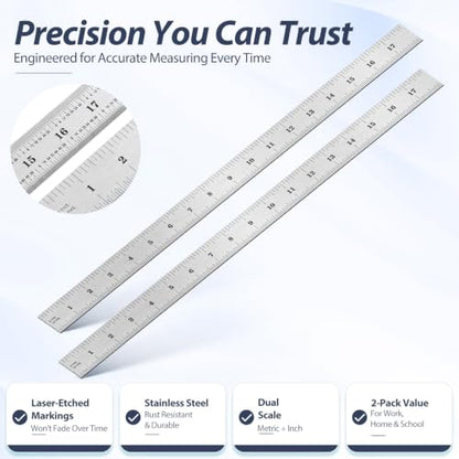 EBOOT 2 Pcs Stainless Steel Ruler Machinist Engineer Ruler with Markings 1/8, 1/16, 1/32, 1/64 Inch for Engineering, School, Office, Architect, and Drawing (18 Inch) - size: 18 Inch