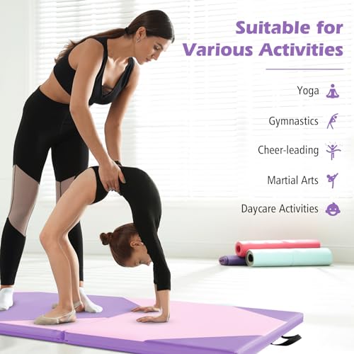 Giantex 4'x10'x 2" Gymnastics Mat, 4-Panel Folding Aerobics Exercise Mat w/Hook & Loop Fastener, Carrying Handle, Portable Tumbling Mat for Stretching Yoga Cheerleading Martial Arts - color: Purple/Baby Pink