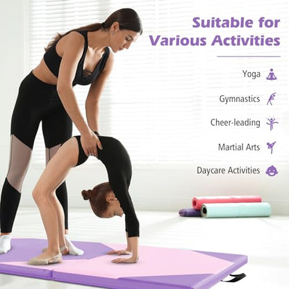 Giantex 4'x10'x 2" Gymnastics Mat, 4-Panel Folding Aerobics Exercise Mat w/Hook & Loop Fastener, Carrying Handle, Portable Tumbling Mat for Stretching Yoga Cheerleading Martial Arts - color: Purple/Baby Pink