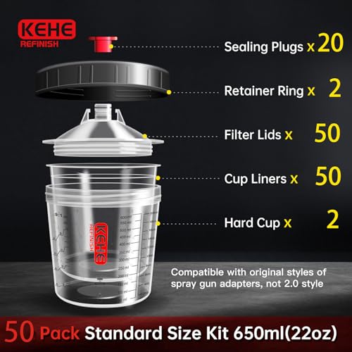 Disposable Paint Cups for Spray Gun 200 Micron,20 Ounce (600ml) Kit with 50 Cups and Lids with Strainer System for HVLP&LVLP,2 Hard Cups with Retainer Ring,20 Plugs,3 Caps,2 Adapters,1 Wash Bottle - size: 20 oz-200 μm-50Pack