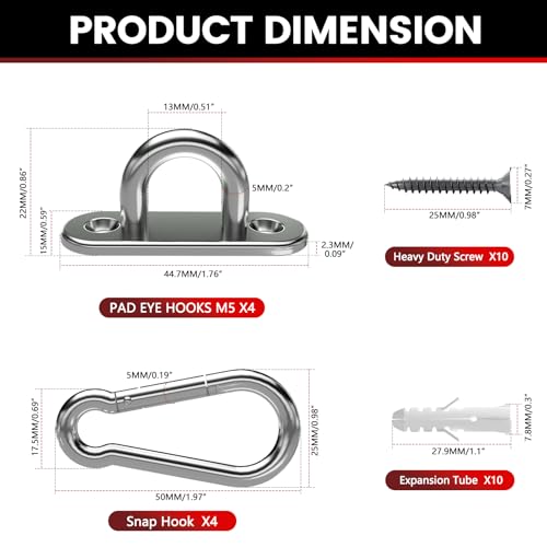 sprookber 304 Stainless Steel Pad Eye Snap Hook, M5 Ceiling Hook 500Lb,8Pcs | Hanging Kit with Screws for Hammock Chair Swing, Yoga Gym Equipment, Sun Shade Sail, Plant Hangers & Marine Boat Hardware - size: 2 Inch, style: Oval