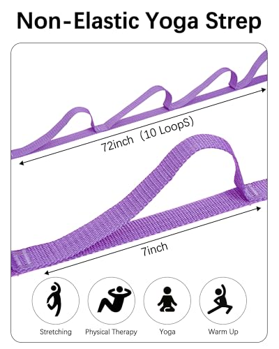 10 Loop Yoga Stretching Strap for Physical Therapy - Non-Elastic Exercise Band for Pilates, Yoga, Stretching for Women & Men - color: Purple