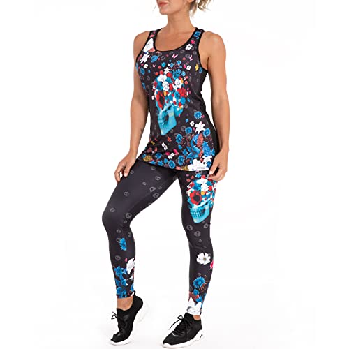 Women’s Sugar Skull Yoga Outfits for Women 2 Piece Sets, Summer Tank Tops Leggings Workout Activewear for Girls - color: Black, size: XX-Large