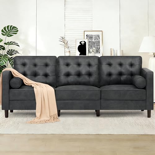 84 Inches Suede Leather Couch with Bolster Pillows, Grey - color: Grey, size: 84" Sofa