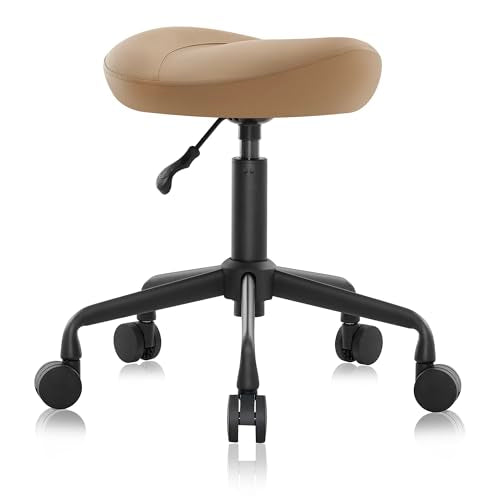 Ergonomic Saddle Stool, Adjustable Hydraulic Rolling Chair with Swivel Seat - color: Tan, size: Standard without Backrest