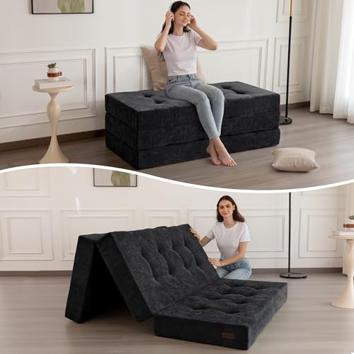 MAXYOYO 6" Folding Sofa Bed for Floor, Tufted Tri-Fold Floor Mattress | Queen Size Portable Sofa Couch Guest Mat with Chenille Fabric for Adults, Foldable Topper for Camping, Black, Queen - color: Black, size: Queen