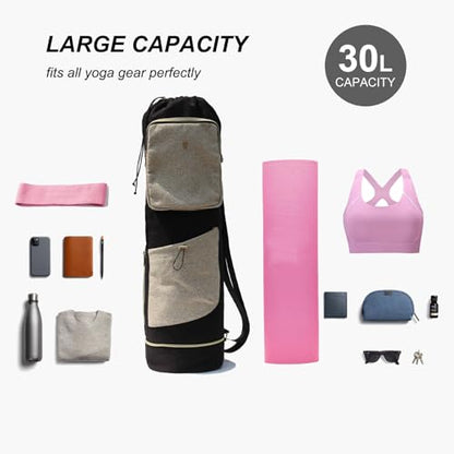 ESVAN Yoga Mat Bag with Multi Pockets Drawstring Yoga Mat Carrier Pilates Exercise Multi-Functional Storage Bag - color: Linen Black Beige