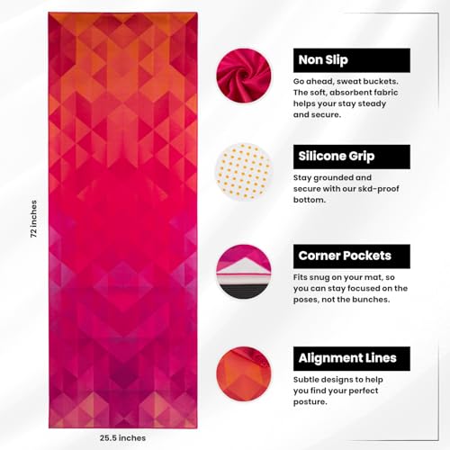 Yoga Drip: Hot Yoga Towel – Non Slip Yoga Mat Towel with Corner Pockets, Silicone Grip Dots & Subtle Alignment Lines | Sweat Absorbent, Moisture Wicking, Quick Dry | No Bunching or Sliding | 72” x 26” - color: Coral Roots