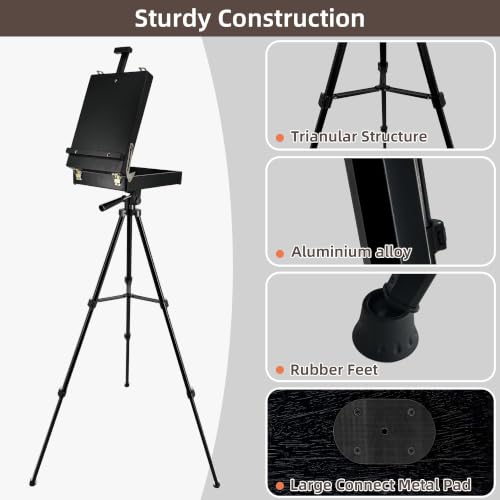 Black French Style Easel Sketch Box with Aluminum Tripod | Lightweight Black Aluminum Tripod, Adjustable Portable Plein Air Easel for Outdoor Painting, Sketching & Painting - color: Black
