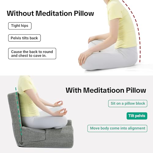 HOMBYS Pro Meditation Cushion Set with Adjustable Back Support, Large 3-in-1 Floor Sitting Chair for Yoga & Meditation, Extra Thick Yoga Pillows for Adults with Knee Support, Grey