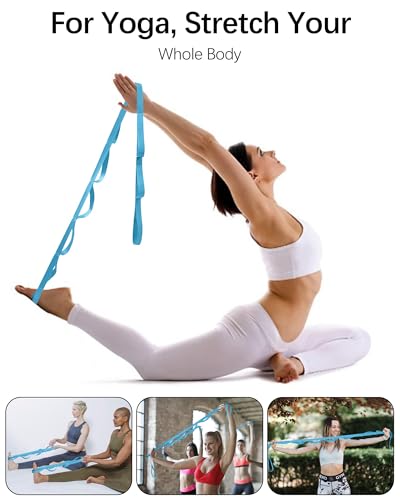 10 Loop Yoga Stretching Strap for Physical Therapy - Non-Elastic Exercise Band for Pilates, Yoga, Stretching for Women & Men - color: Light Blue