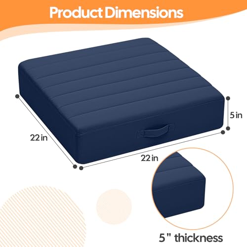 MeMoreCool 22 Inch Square Floor Pillows for Adults, 2 Pack Navy Cushions | Set of 2 navy washable tufted floor cushions, thick foam seats for yoga, meditation, den - color: Navy Blue, size: 22 Inch