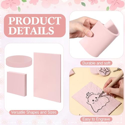 Innconee 18 Pcs Rubber Stamp Carving Blocks Linoleum Blocks 4"x6" and 2"x2" Round Square Rectangle Block Carving Kit for Stamp Crafts DIY Project(Pink) - color: Pink