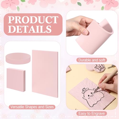 12 Pcs Pink Rubber Linoleum Blocks for Printmaking 4x6in 2x2in 2in 3 Shapes Linocut Block Stamp Making Kit for DIY Crafts & Art Projects