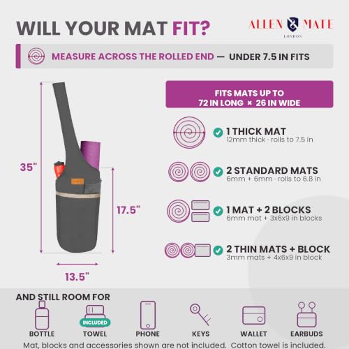 ALLEN & MATE 100% Cotton Canvas Yoga Mat Bag, Fits Mats up to 72 In Long and 7.5 In Thick, Wide Shoulder Strap, Zip Pocket, Blue Stripe - color: Grey