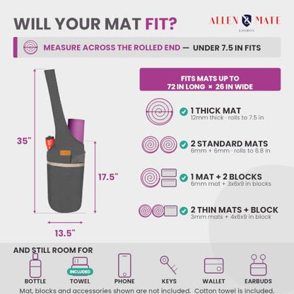 ALLEN & MATE 100% Cotton Canvas Yoga Mat Bag, Fits Mats up to 72 In Long and 7.5 In Thick, Wide Shoulder Strap, Zip Pocket, Blue Stripe - color: Grey