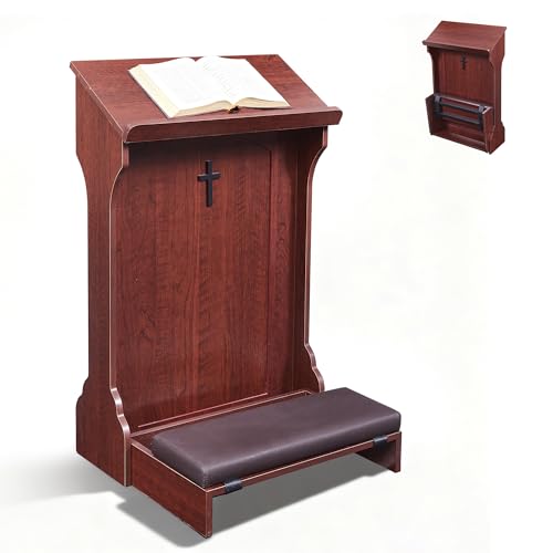 Wooden Prayer Kneeler,Foldable Prayer Bench with Cushion Pad, Rounded Corner Bookend, Customizable Cross Decoration, Reinforced Steel Tube Base Design - color: Red Brown
