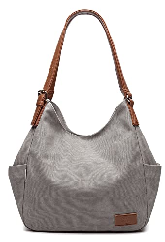 Worldlyda Women Canvas Hobo Purse Multi Pocket Tote Shopper Shoulder Bag Casual Top Handle handbag with Embroidery Ethnic - color: Be06grey