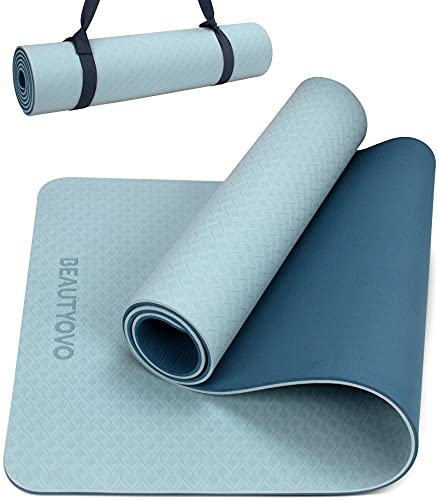 BEAUTYOVO Yoga Mat with Strap, 1/3 Inch Extra Thick Yoga Mat Double-sided Non Slip, Professional TPE Yoga Mats for Women Men, Workout Mat for Yoga, Pilates and Floor Exercises - color: Haze Blue & Deep Blue