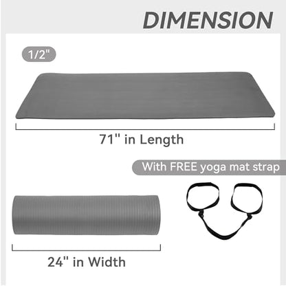 Fitvids Yoga Mat, 1/2-Inch Extra Thick High Density Exercise Mat, Anti-Tear Exercise Yoga Mat with Carrying Strap, Suitable for Various Yoga Exercises - color: Gray