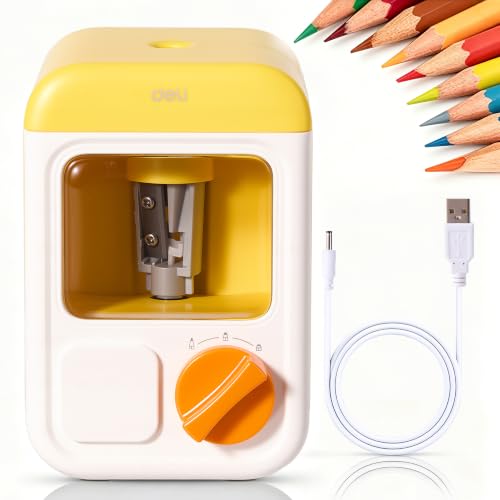 deli Electric Sharpener, Battery Powered, 3 Sizes for 6.5–8mm Pencil - color: Yellow