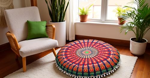 CRAFT KALA Round Mandala Boho Pillow Cover Meditation India Room Seating Poufs Cover for Living Room Yoga Room Home Décor Bedroom Balcony Garden Decoration Cotton Floor Cushion Cover 22", Multi Mirchi - color: Multi Mirchi, size: 22"
