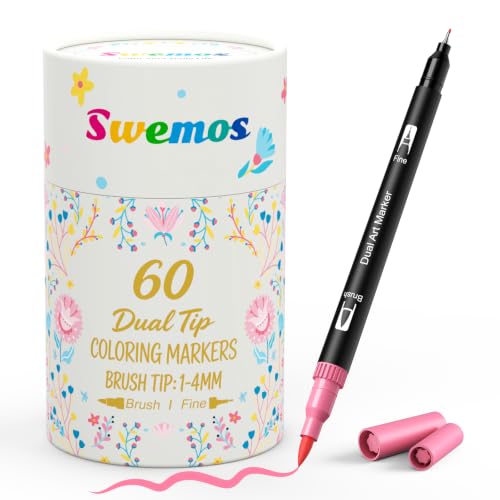 Markers for Adult Coloring Books No Bleeding, 60 Dual Tip Coloring Markers | Coloring Markers Suitable for Coloring Books, Note Taking, Hand Lettering Calligraphy, Drawing, Journaling, Sketching - color: Pink