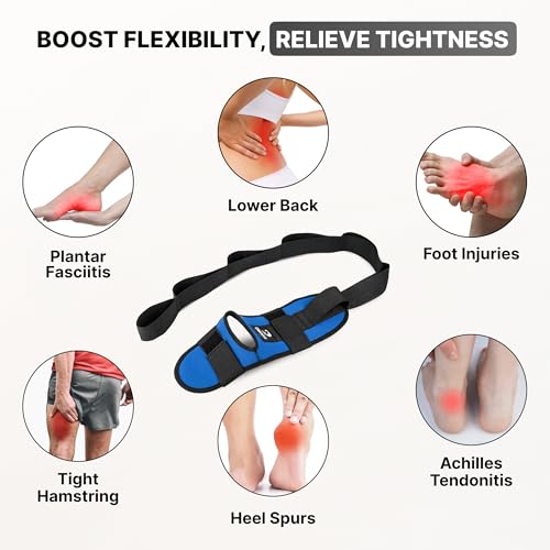 DMoose Fitness Foot & Calf Stretcher with Adjustable Padded Stretching Strap for Plantar Fasciitis, Hamstring, Heel Spurs and Achilles Tendonitis Relief - Yoga Leg Stretch Strap for Flexibility - color: Blue