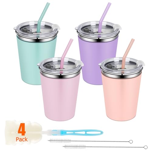 Kids Cups Spill Proof, Stainless Steel Toddler Cups with Straws and Lids | 4 Pack 12oz Sippy Cup with Silicone Sleeves, Metal Drinking Glasses for School Home Camping Parties - color: 4 Multi Color -Mint/Lilac/Peach/Coral