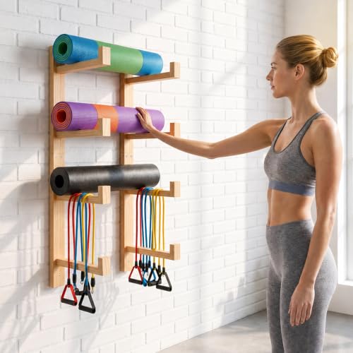 4-Tier Wooden Yoga Mat Holder Wall Mount, Yoga Mat Rack for Home Gym