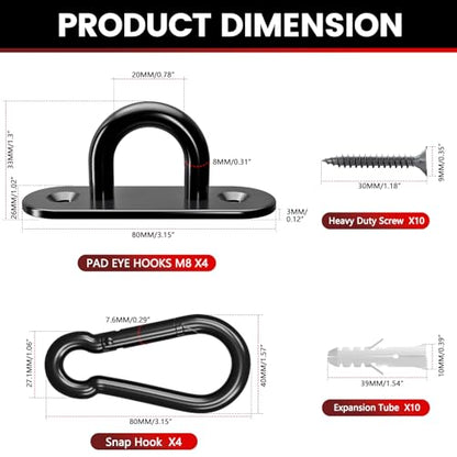 sprookber 304 Stainless Steel Pad Eye Snap Hook,M8 Ceiling Hook 1200Lb,8Pcs | Hanging Kit with Screws for Hammock Chair Swing, Yoga Gym Equipment, Sun Shade Sail, Plant Hangers & Marine Boat Hardware - size: 3.15 inch, style: Black Oval