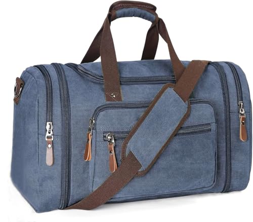 Sechunk Duffle Bag Canvas Large Outdoor Shoulder Bag Overnight Handbag Travel Tote Luggage Weekender Bag - color: blue-A