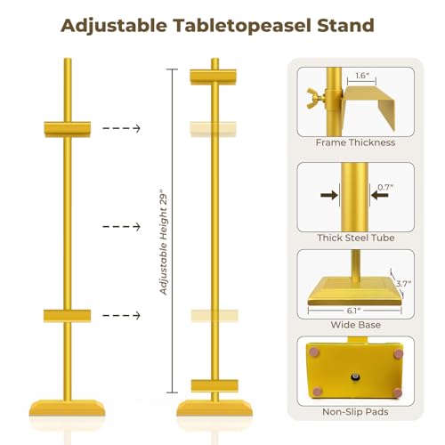 29" Adjustable Tabletop Easel Stand for Picture Frames, Gold | Adjustable Picture Frame , Picture Easels for Display,Gold Metal Picture Frame Holder Stand for Artwork, Photo,Sign.