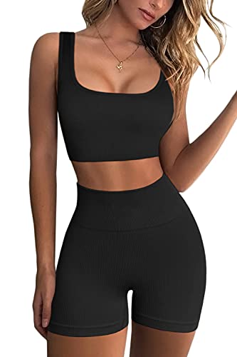 QINSEN Workout Sets for Women 2 Piece Seamless Ribbed Crop Tank High Waist Shorts Yoga Outfits - color: Black, size: Large