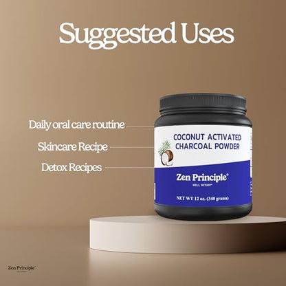 Zen Principle Coconut Activated Charcoal Powder. Whitens Teeth, Rejuvenates Skin and Hair, Supports Better Digestion. USA-Owned Producers, Free Scoop, 12 Oz - size: 12 Ounce (Pack of 1)