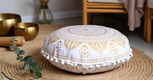 ICC Large Boho Ottoman Cover Pillowcase for Couch Floor Pillows & Cushion Covers Decorative Bohemian Hippie Mandala Pouf Pillow Cover Seating Meditation Cushion Cover (Gold Trishol, 32" Round) - size: 32" x 32" (Pack of 1), style: Gold Trishol