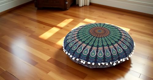 CRAFT KALA Large Hippie Floor Pillow Cover Mandala Meditation Cushion Case Pouf Cover Round Poufs Cover Bohemian Floor Cushion Cover Outdoor Fireplace Yoga Living Room Decor 32" Blue Mirchi - color: Blue Mirchi