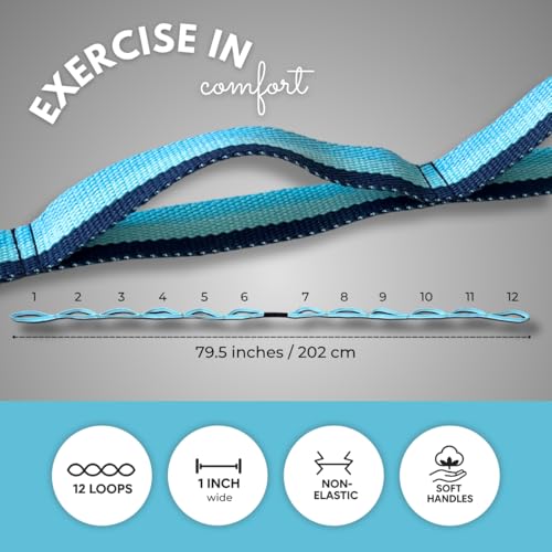 California Yoga Strap | Yoga Belt with Loops | 12 Multi Loop & Non-Elastic | Stretching Strap | Gym Workout & Exercise Bands | Physical Therapy | Improves Sitting Posture for Women & Men - color: Blue