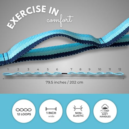 California Yoga Strap | Yoga Belt with Loops | 12 Multi Loop & Non-Elastic | Stretching Strap | Gym Workout & Exercise Bands | Physical Therapy | Improves Sitting Posture for Women & Men - color: Blue