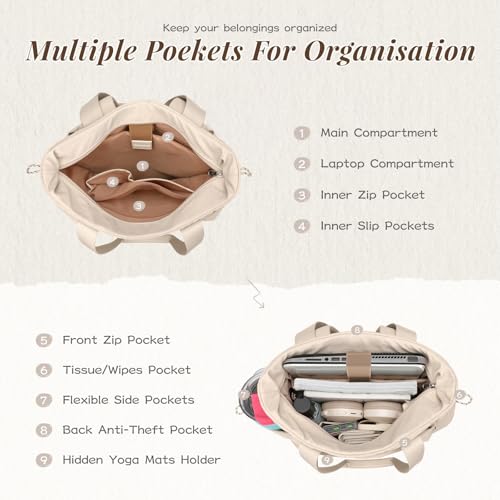 GOLF SUPAGS 3-in-1 Laptop Tote Backpack for Women 15.6" Quilted Work Gym Bag with Hidden Yoga Mat Carrier for Travel Leisure (Apricot) - color: Apricot