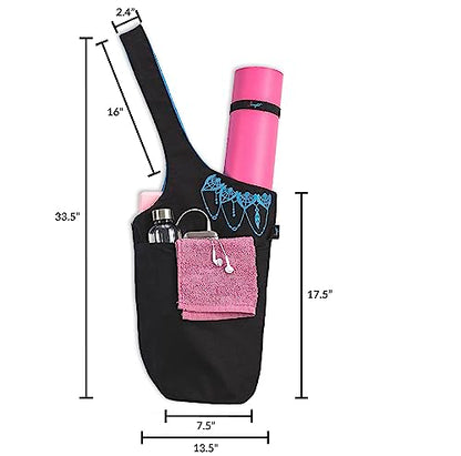 Yoga Mat Bag & Carrier with Pockets for Women | Holds yoga & pilates mats up to 72 in, Fits thick mats, Water bottle & zip pockets, 2 mat straps included, Gift-boxed - color: Black & Azure Blue